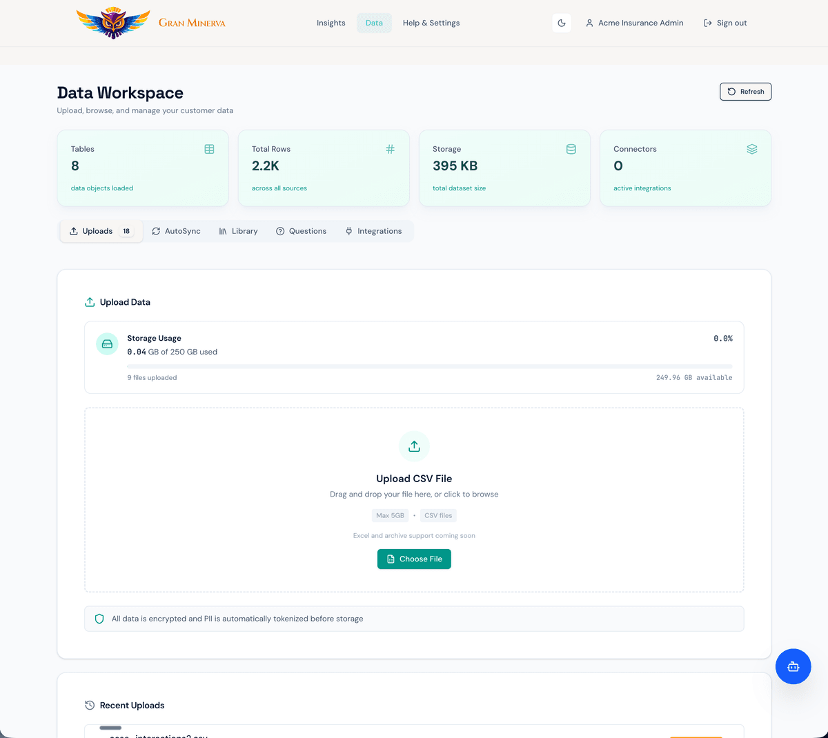 Gran Minerva Data Workspace showing CSV upload interface
