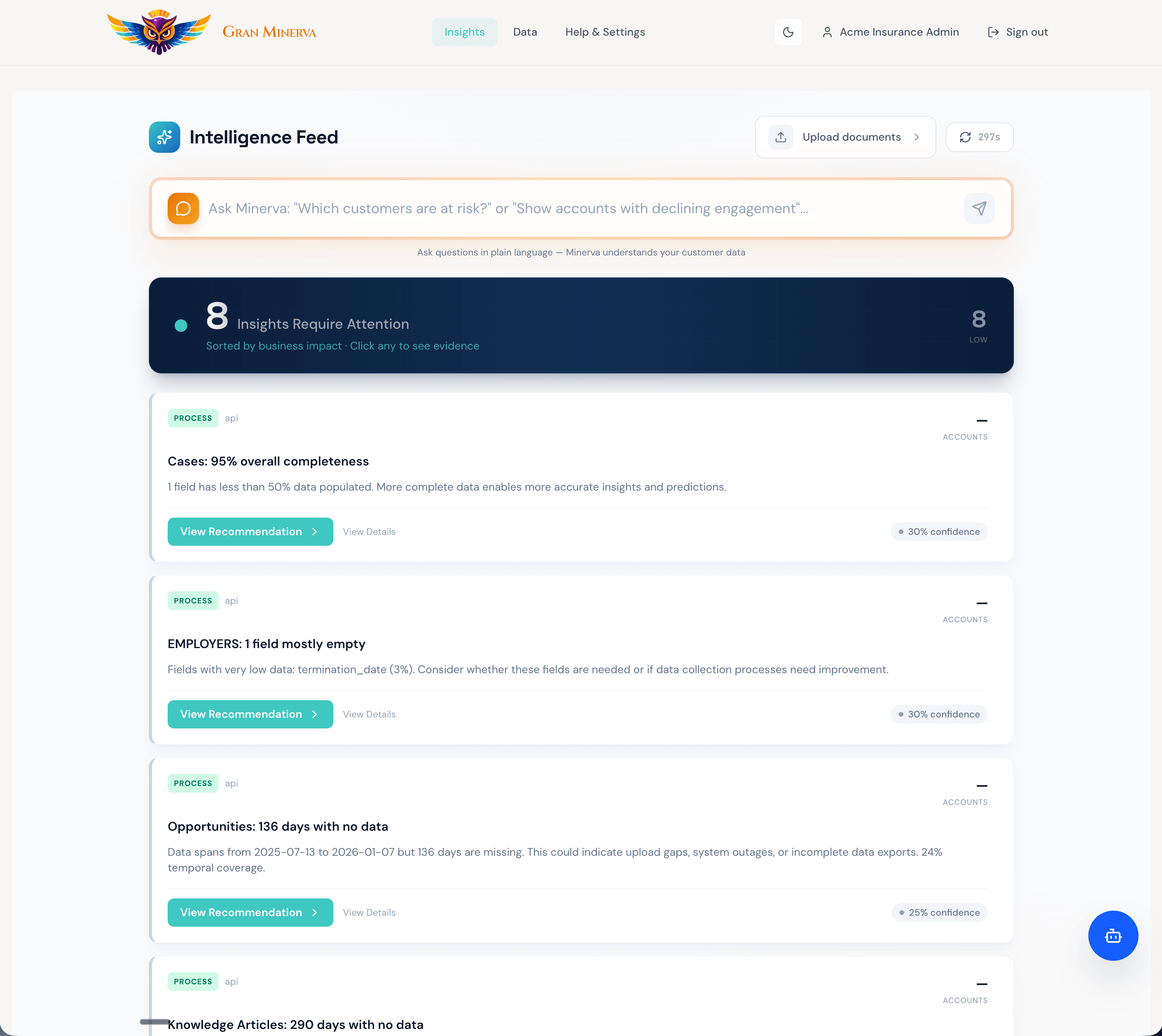 Gran Minerva Intelligence Feed showing AI-powered insights and actionable recommendations